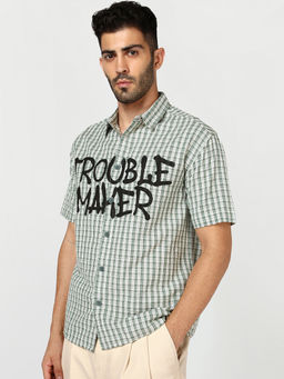 Bewakoof - Men's Green Trouble Maker Checked Oversized Shirt