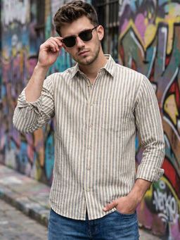 Bewakoof - Men's Grey Striped Cotton Linen Shirt