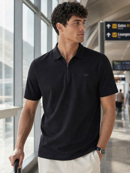Nobero - Men's Zip Up Textured Polo T-Shirt