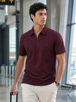Nobero - Men's Zip Up Solid Polo T-Shirt