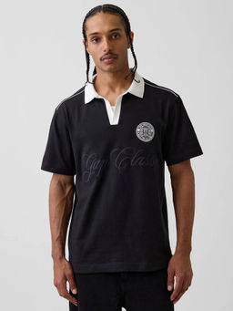 GAP - Men's Black Embroidered Rugby Polo T-Shirt