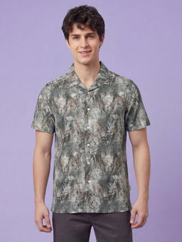 Being Human - Grey Floral Half Sleeve Lapel Collar Men's Shirt