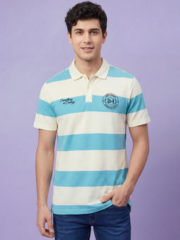 Being Human - Beige And Aqua Easy Fit Striped Polo Neck Men's T-Shirt
