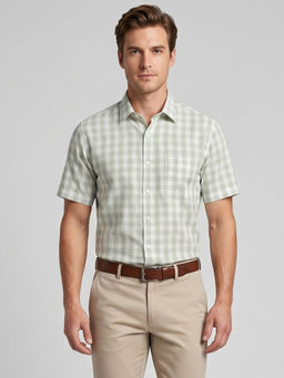 Charagh Din - Blended Short Sleeves Checks Green Formal Shirt