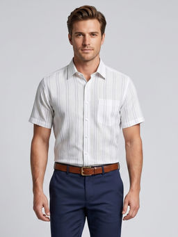 Charagh Din - Blended Short Sleeves Stripes White Formal Shirt