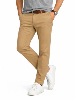 Denro - Men's Beige Slim Fit Cotton Stretch Casual Trouser