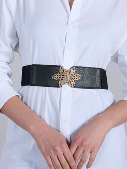 Twenty Dresses by Nykaa Fashion - Black Solid Gold Snowflake Buckle Elasticated Waist Belt