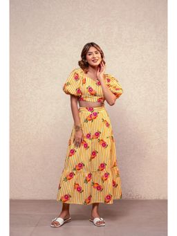 DEASHA INDIA - Ayla Yellow Printed Striped Crop Top with Skirt