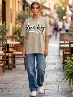 IKI CHIC - Beige Oversized Printed T-Shirt