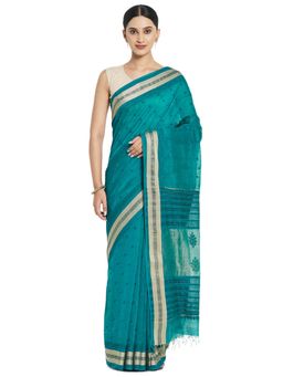 Fabindia - Cotton Silk Embroidered Sari (Teal)