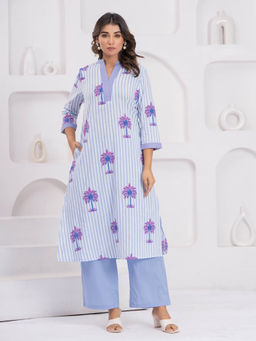 Autumnlane - Maurya Blue Cotton Stripes Floral Print Kurta with Pant (Set of 2)
