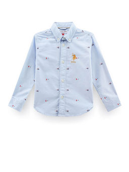 U.S. POLO ASSN. - Boys Blue Brand Print Oxford Cotton Shirt