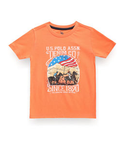 U.S. POLO ASSN. - Boys Orange Round Neck Brand Print T-Shirt