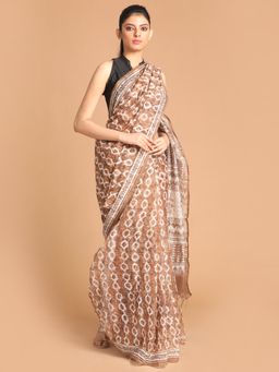 Indethnic - Brown Printed Super Net Saree with Unstitched Blouse