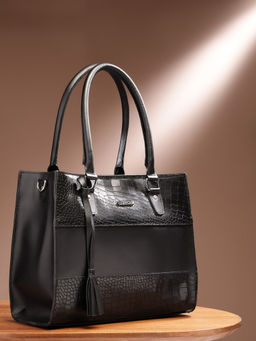Celtic - Genuine Leather Black Structured Handbag With Detachable Strap