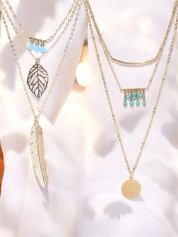 OOMPH - Women Turquoise Beads and Pearls Multi Layer Bohemian Necklace Set of 2