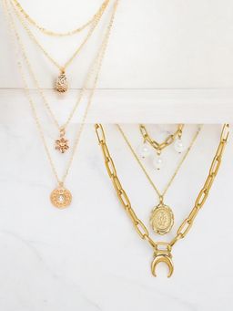 OOMPH - Gold Tone Multi Layer Coin Charm Link Chain Necklace Set of 2