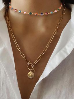 OOMPH - Multi-Color Evil Eye Beads and Medallion Link Chain Choker Set of 2