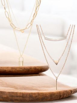 OOMPH - Gold Link Chain Heart- Lock Multi Layer Necklace Set of 2