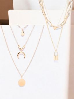 OOMPH - Gold Tone Chain Lock and Horse Shoe Good Luck Layer Necklace Set of 2