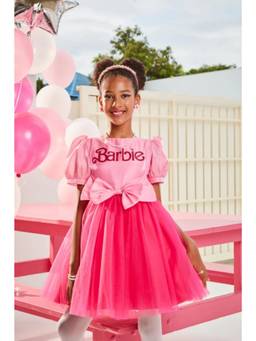 TINY GIRL - Barbie Half Puffed Sleeves Printed Bow Applique Detailed Dress