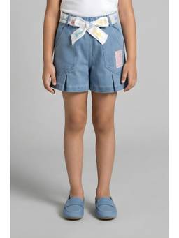 TINY GIRL - Barbie Cotton Solid Shorts with Belt- Blue