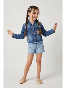TINY GIRL - Dark Blue Barbie Cotton Full Sleeves Patch Jacket