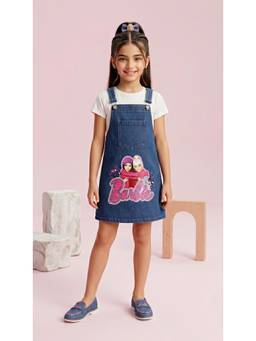 TINY GIRL - Barbie Cotton Brand Name Printed Dungree- Blue