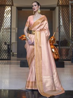 Akhilam - Womens Silk Blend Peach Woven Designer Saree with Unstitched Blouse