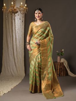 Akhilam - Womens Silk Blend Green Woven Design Designer Saree with Unstitched Blouse