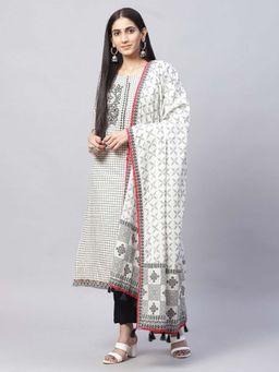 Biba - White Cotton Unstitched Suit Set (Set of 3)