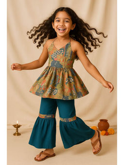 Tales & Stories - Girls Olive Viscose Printed Kurta and Sharara