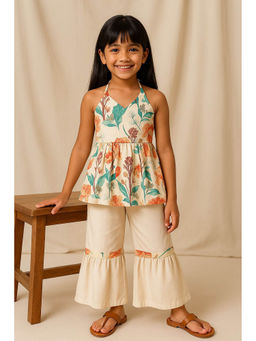 Tales & Stories - Girls Off White Viscose Printed Kurta and Sharara