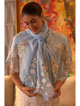 MAULI CASHMERE - Cherry Blossom Flounce Embroidered Wool Silk Sku Blue Stole