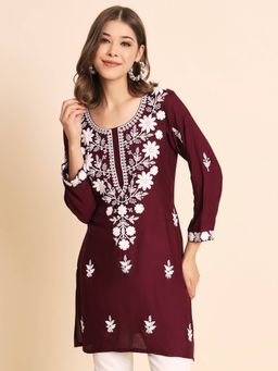 VAIRAGEE - Purple Rayon Lucknowi Chickankari Work Kurti