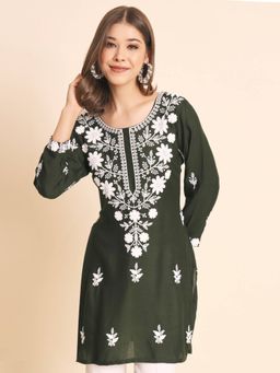 VAIRAGEE - Green Rayon Lucknowi Chickankari Work Kurti