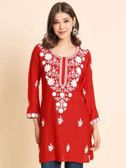 VAIRAGEE - Red Rayon Lucknowi Chickankari Work Kurti