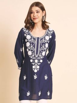 VAIRAGEE - Navy Blue Rayon Lucknowi Chickankari Work Kurti
