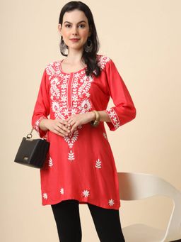VAIRAGEE - Red Rayon Lucknowi Chickankari Work Kurti
