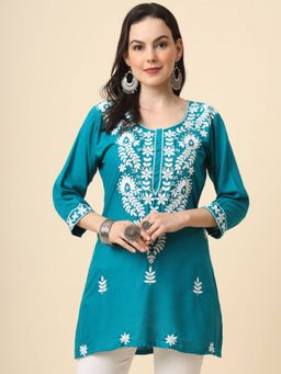 VAIRAGEE - Blue Rayon Lucknowi Chickankari Work Kurti