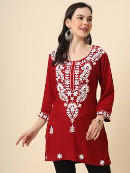 VAIRAGEE - Maroon Rayon Lucknowi Chickankari Work Kurti