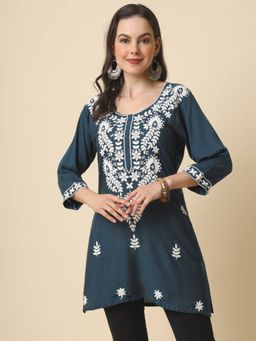 VAIRAGEE - Blue Rayon Lucknowi Chickankari Work Kurti