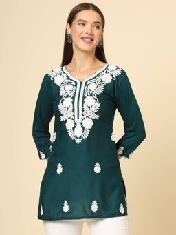 VAIRAGEE - Teal Rayon Lucknowi Chickankari Work Kurti