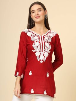 VAIRAGEE - Red Rayon Lucknowi Chickankari Work Kurti