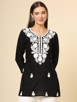 VAIRAGEE - Black Rayon Lucknowi Chickankari Work Kurti