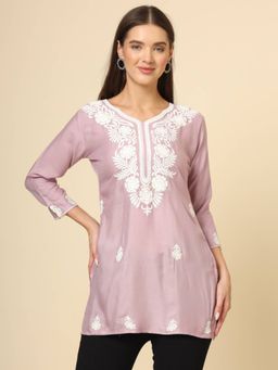 VAIRAGEE - Mauve Rayon Lucknowi Chickankari Work Kurti
