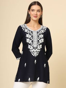 VAIRAGEE - Navy Blue Rayon Lucknowi Chickankari Work Kurti