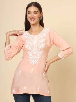 VAIRAGEE - Peach Rayon Lucknowi Chickankari Work Kurti