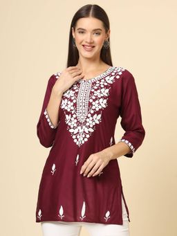 VAIRAGEE - Maroon Rayon Lucknowi Chickankari Work Kurti