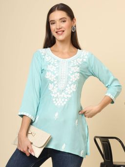 VAIRAGEE - Blue Rayon Lucknowi Chickankari Work Kurti